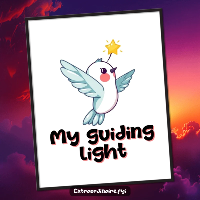 Funny cheerful hummingbird character soaring with a star, printable digital art, perfect for adding celestial magic, a humorous illustration.