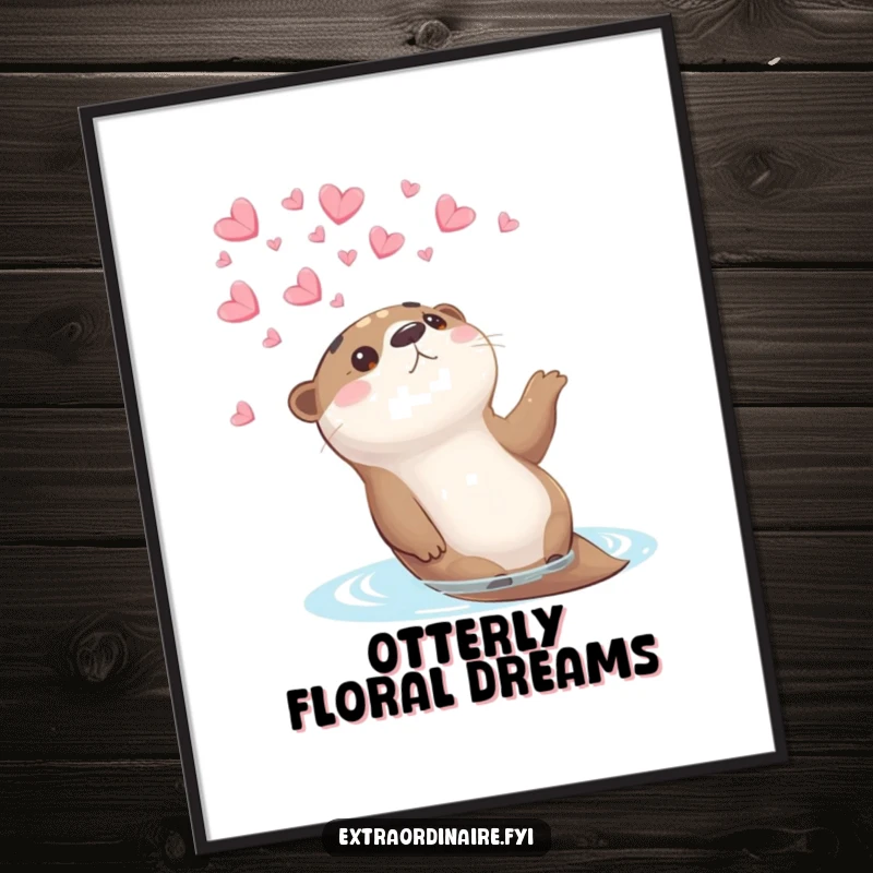 Funny otter petal digital art print of an otter gazing peacefully at falling petals, creating a humorous and tranquil scene.