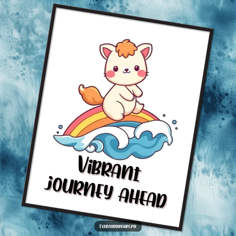 Funny digital art print of a cheerful animal character riding a vibrant rainbow, waving happily, radiating pure joy and optimism.