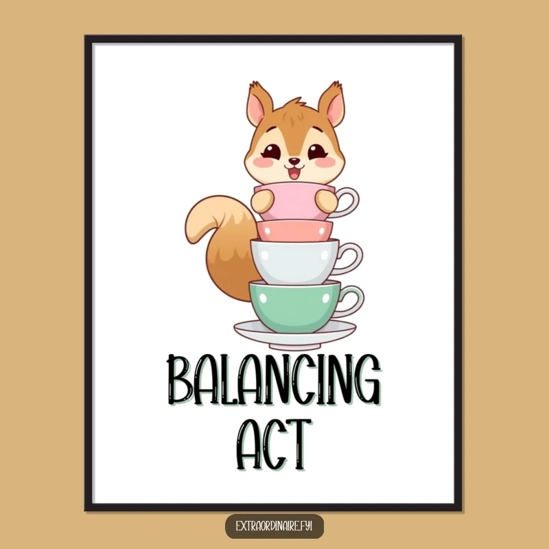 Funny Squirrel Teacup Balance Digital Art: Whimsical Acrobat Print for Instant Joy!