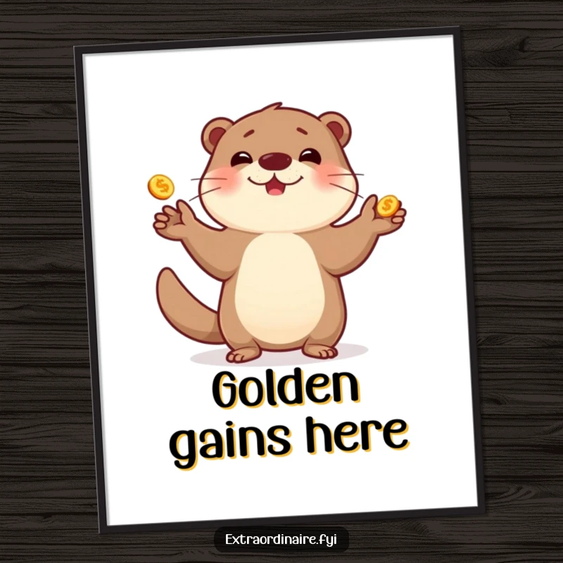 Funny otter digital art print, skillfully juggling golden coins, a playful and charming piece of art.