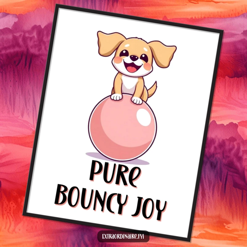 Funny digital art print of a joyful dog with floppy ears, expertly balancing on a giant bouncy ball, for instant decor.