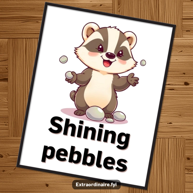 Funny digital art print of a delighted badger character juggling shiny pebbles, a whimsical and humorous design.