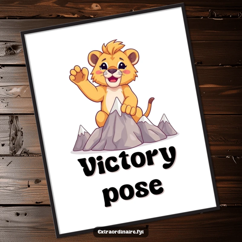 Funny lion cub conqueror digital art, a cub raising paws victoriously atop miniature mountains.