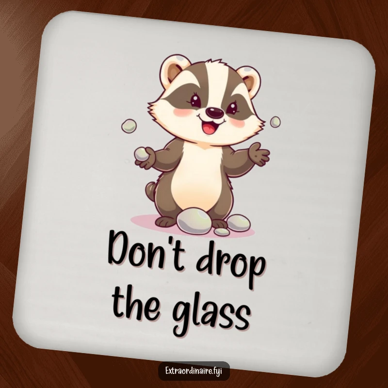 Funny drink coaster with a delighted badger character juggling shiny pebbles, protecting surfaces with a humorous and playful design.
