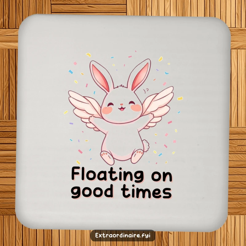 Funny Winged Rabbit Coaster: A protective coaster featuring a joyful rabbit with wings soaring through a festive shower of confetti.