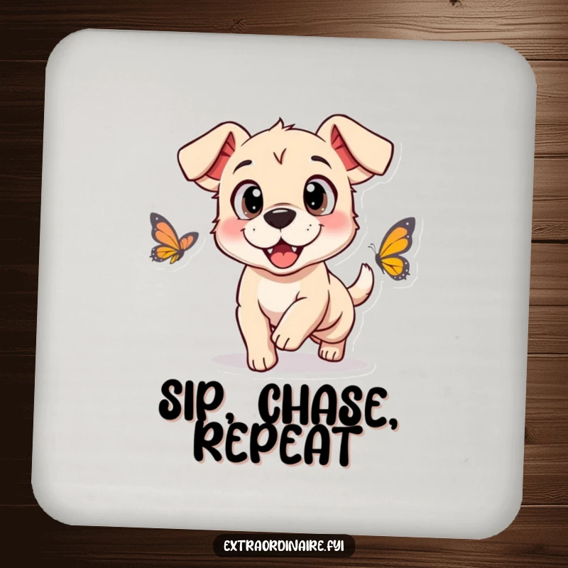 Funny coaster depicting a dog with oversized, happy eyes chasing a butterfly, a charming surface protector.