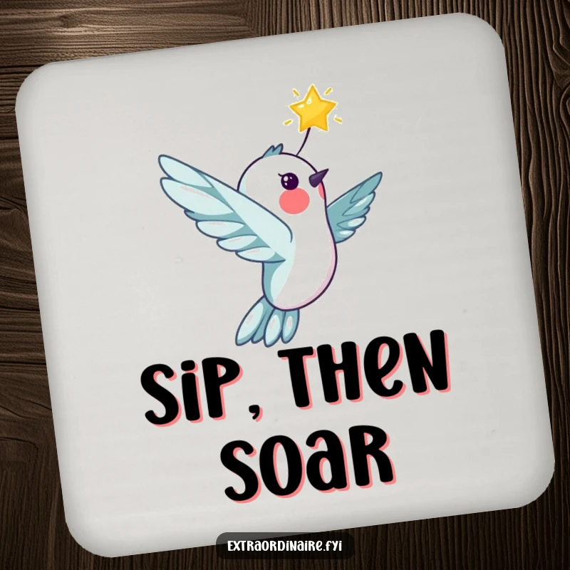 Funny cheerful hummingbird character soaring with a star on a drink coaster, adding celestial charm to home decor, a humorous and practical item.