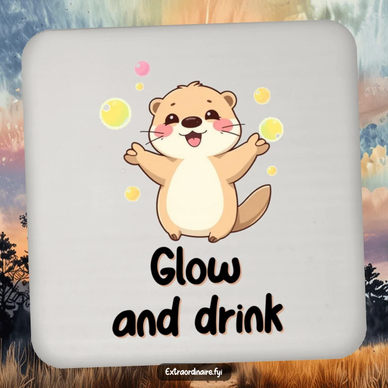 Funny playful otter character juggling glowing orbs on a drink coaster, adding aquatic charm to home decor, a humorous and practical item.