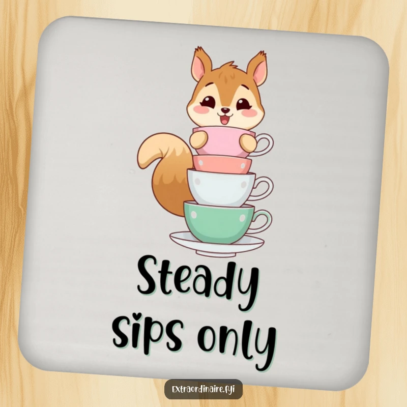 Funny drink coaster with a cheerful squirrel character precariously balancing teacups, protecting surfaces with a humorous and whimsical design.