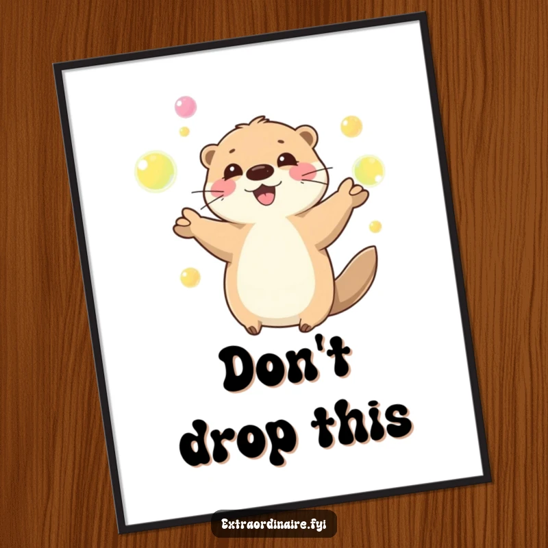 Funny playful otter happily juggling glowing orbs, depicted on a poster, adding vibrant energy, a humorous wall art.