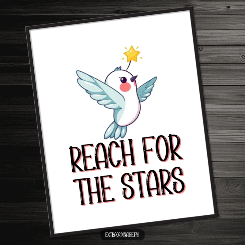 Funny cheerful hummingbird character soaring with a bright star, depicted on a poster, adding celestial wonder, a humorous wall art.