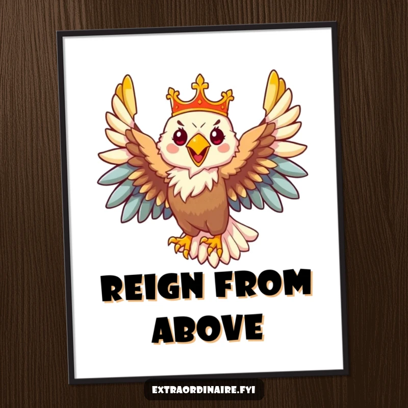 Funny Eagle Poster: A majestic eagle with a crown in mid-flight, symbolizing freedom and power in a regal and humorous artwork.