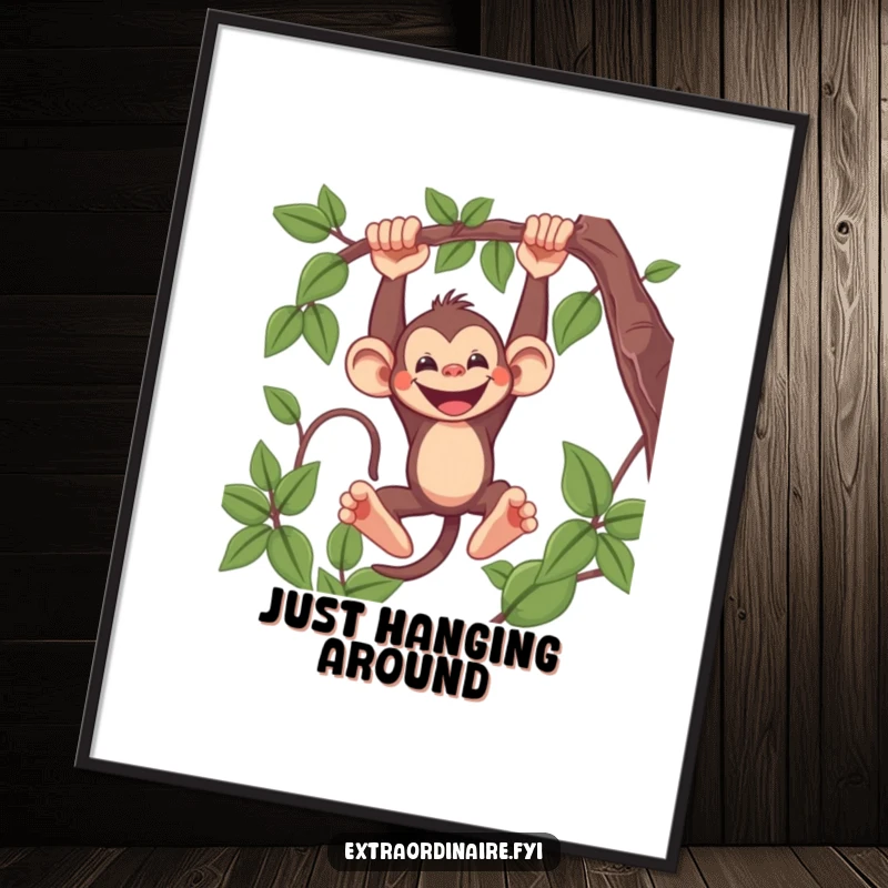Funny Monkey Poster showing a mischievous monkey swinging from a vine with a wide grin, adding playful energy to any wall space.