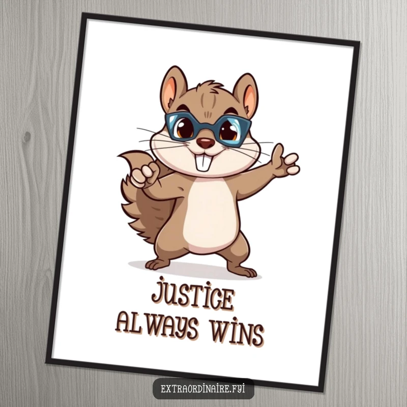 Funny poster of a mischievous squirrel striking a heroic superhero pose, adding a touch of funny, dynamic energy to wall decor.