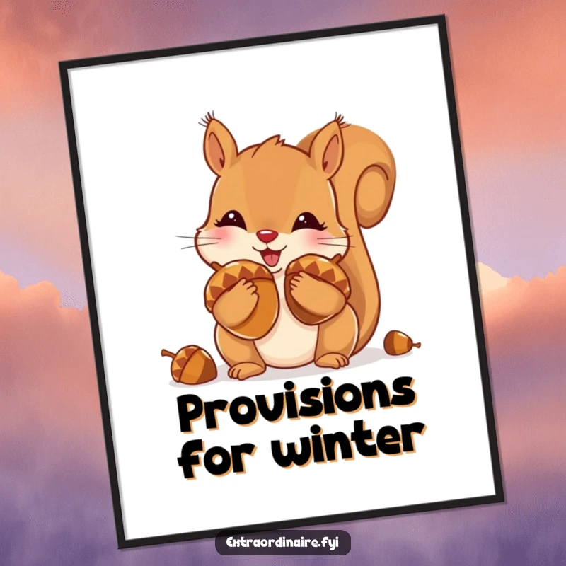 Funny poster art of a playful squirrel with puffed cheeks, hoarding oversized, shiny acorns, adding forest charm.