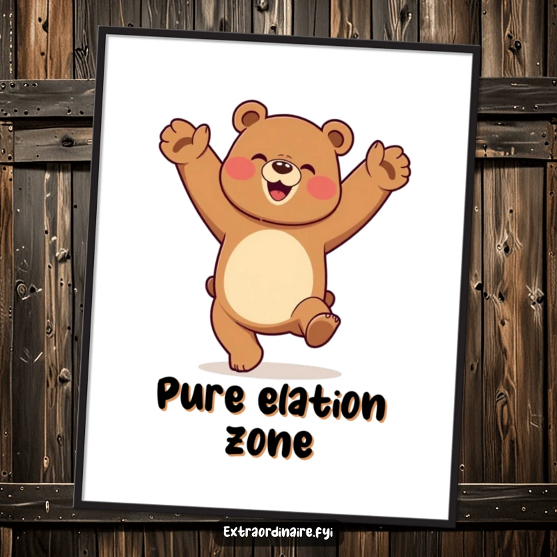 Funny dancing bear in a cartwheel pose with an expression of pure elation, presented as vibrant wall art.