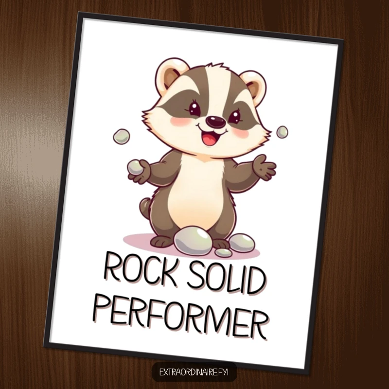 Funny poster art of a delighted badger character juggling shiny pebbles, conveying a sense of playful skill and joyful amusement.