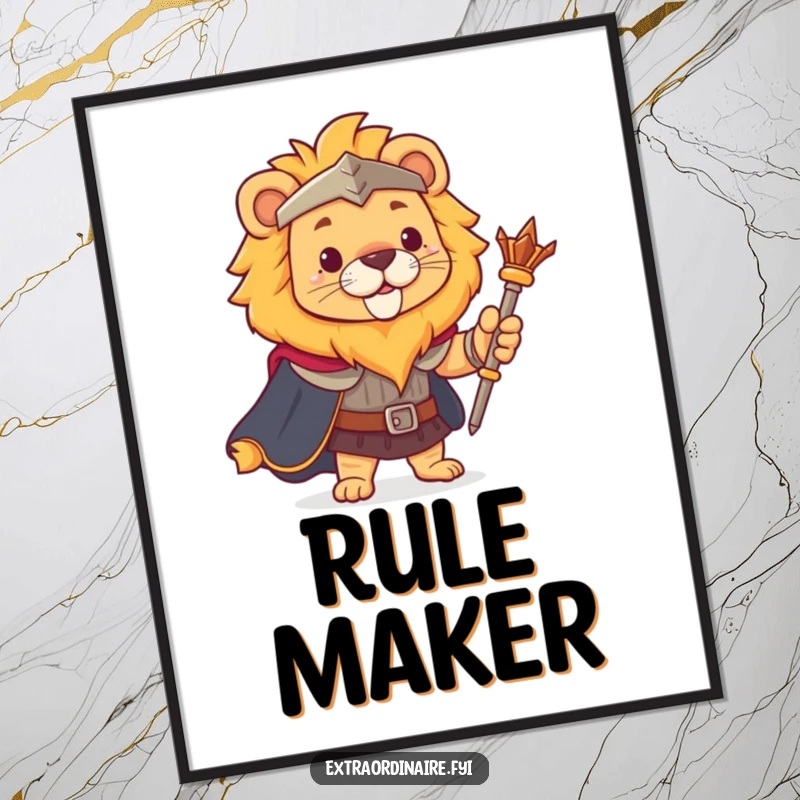 Funny lion poster, majestic with a cape and scepter, commanding attention with brave and regal humor.