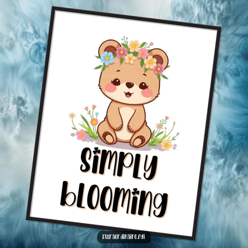 Funny poster illustrating a happy bear cub adorned with a beautiful crown of wildflowers, exuding woodland innocence.