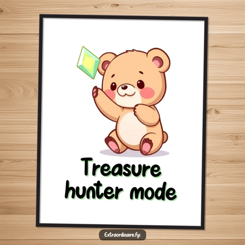 Funny Bear Cub Gem Poster: Whimsical art featuring a playful bear cub reaching out to bat at a brightly glowing, hovering magical gem.