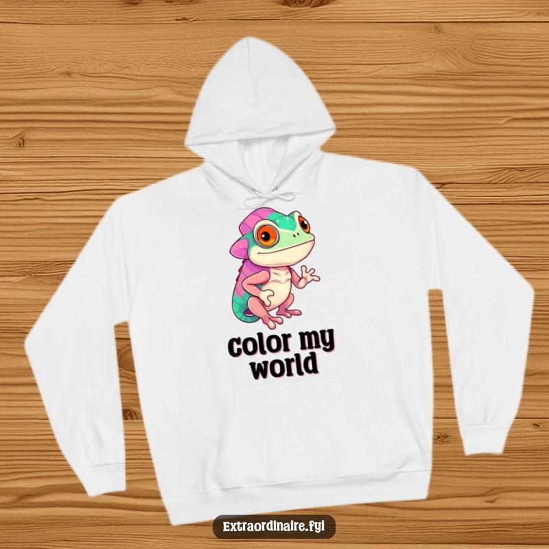 Funny confident chameleon character displaying vibrant, shifting colors on a warm hoodie, embodying confidence and adaptability, a cozy apparel choice.