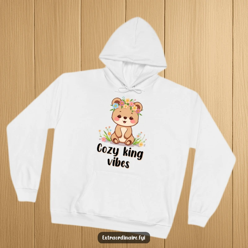 Funny hoodie featuring a happy bear cub adorned with a beautiful wildflower crown, embodying woodland charm.
