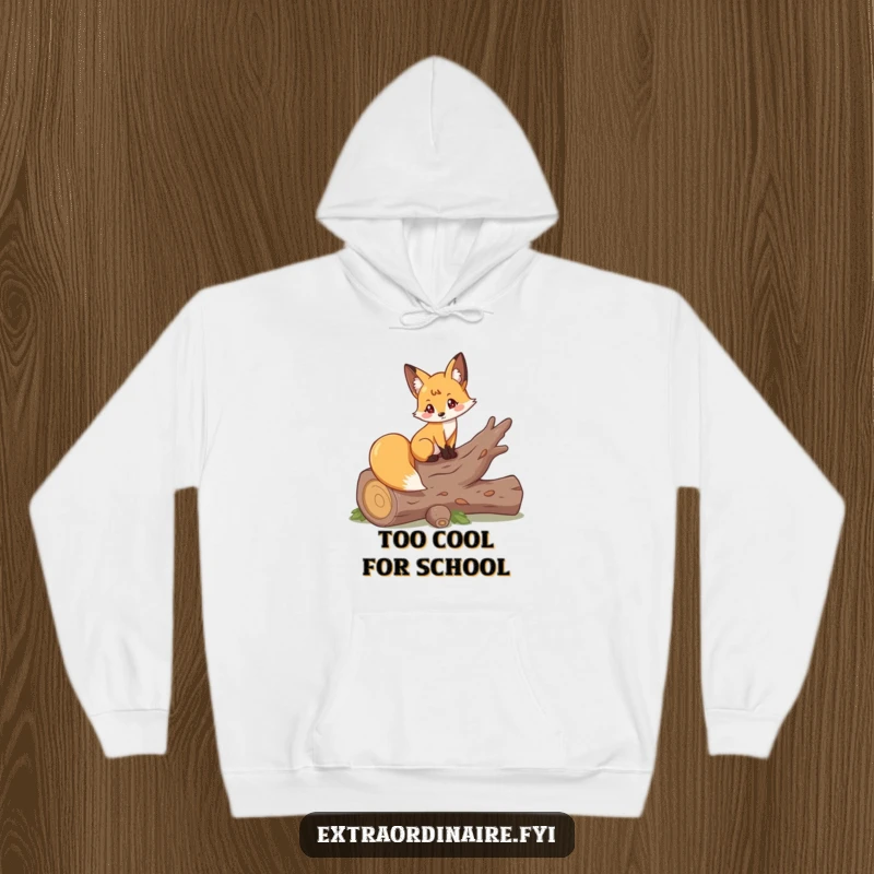 Funny hoodie featuring a playful fox elegantly perched on a fallen log, offering warmth and woodland charm.