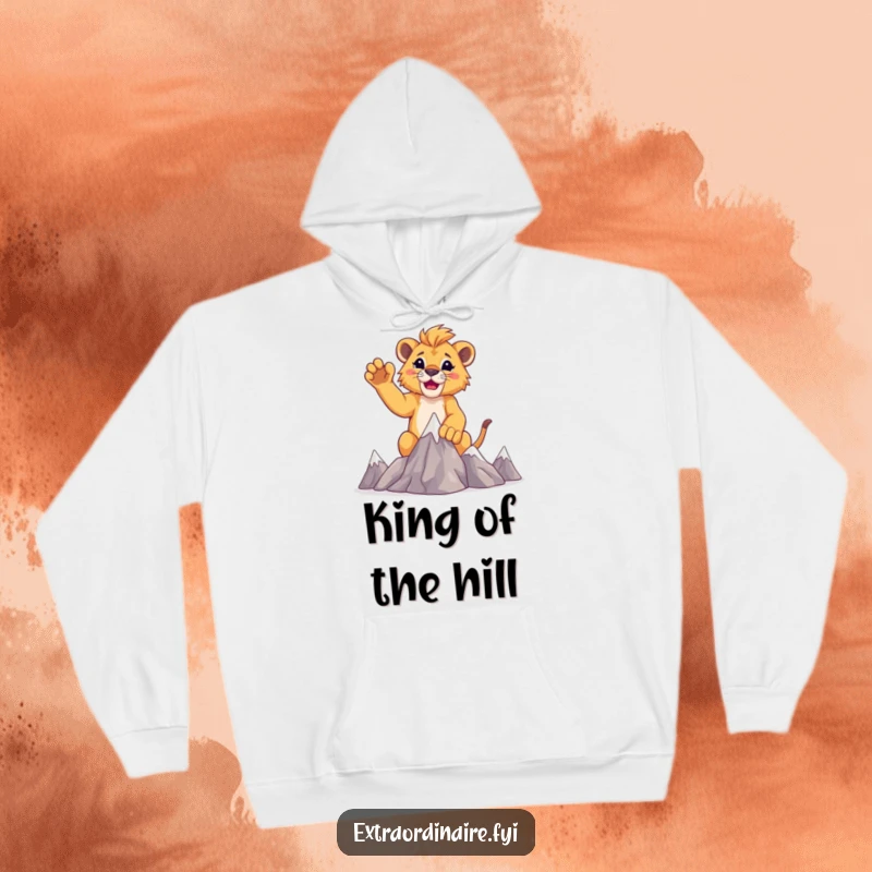 Funny lion cub conqueror hoodie, depicting a happy cub raising paws after climbing small mountains.