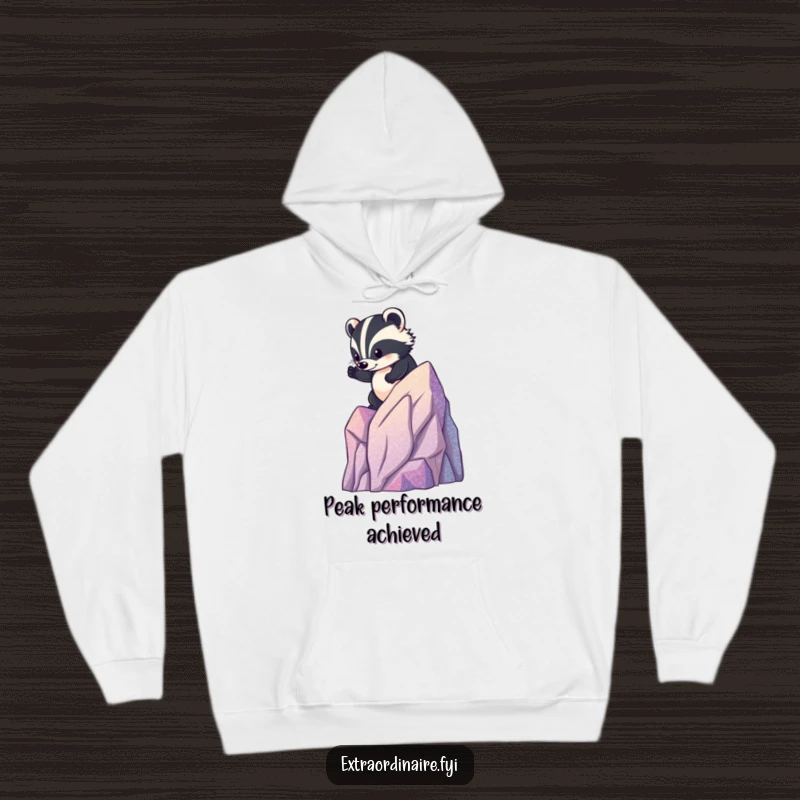 Funny badger mountain hoodie, a brave rodent heroically climbing a small, sparkly glitter-covered mountain, ready for outdoor fun.