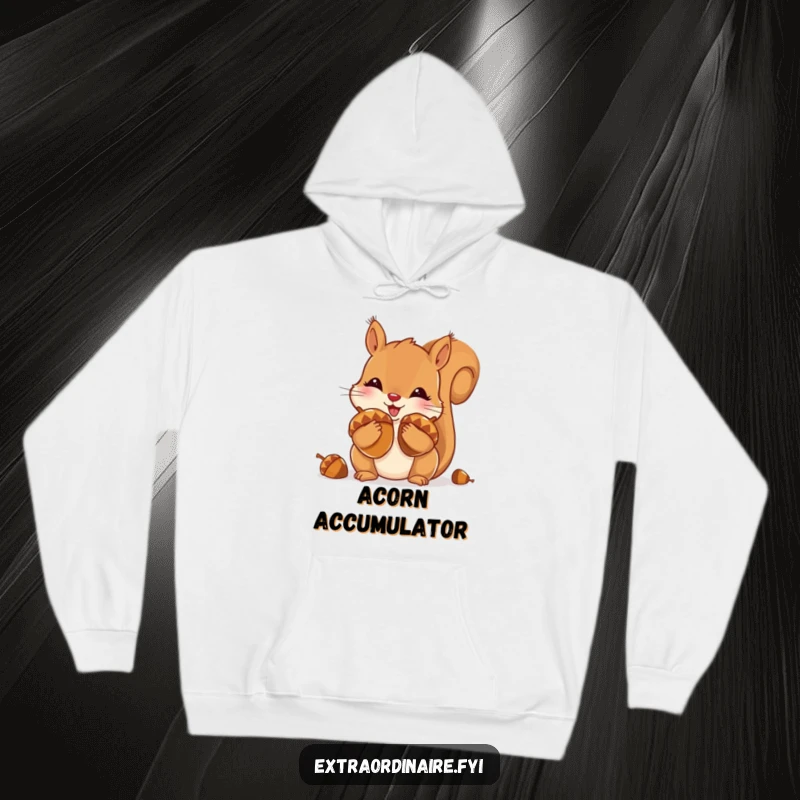 Funny hoodie depicting a playful squirrel stuffing its cheeks with oversized, shiny acorns, offering warmth and woodland charm.