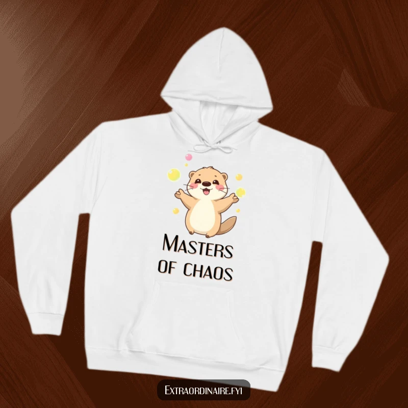 Funny playful otter character happily juggling glowing orbs on a warm hoodie, embodying fun and cheerful energy, a cozy apparel choice.