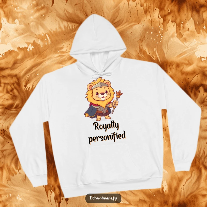 Funny lion hoodie, royally dressed with a cape and scepter, designed for warm and majestic comfort.