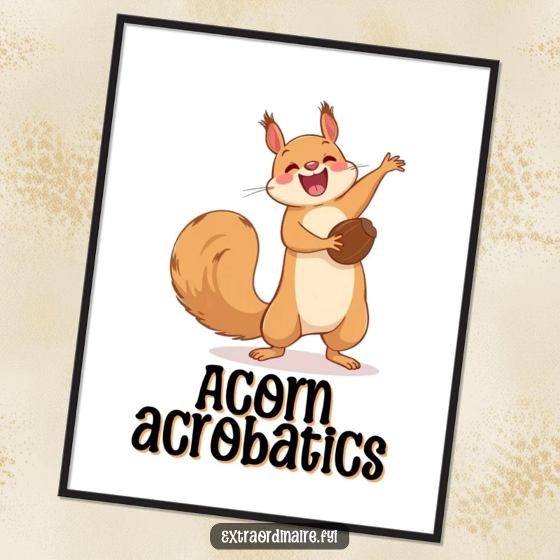 Funny Free Printable Wall Art: A joyful squirrel performs an impressive acrobatic flip while holding a nut.