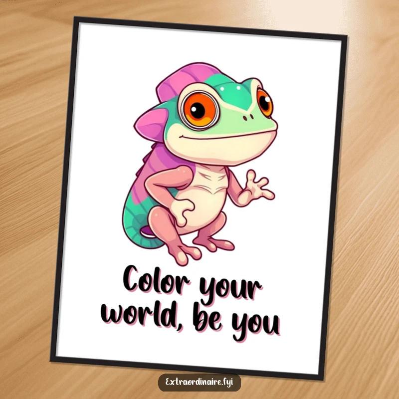 Funny Free Printable confident chameleon proudly displaying vibrant, shifting colors on wall art.