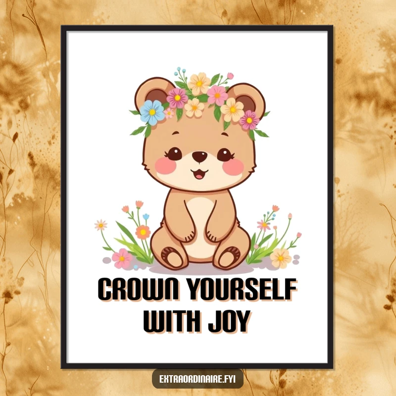 Funny Free Printable Bear Cub Wall Art: Happy bear cub adorned with a crown of wildflowers, perfect for cute decor.