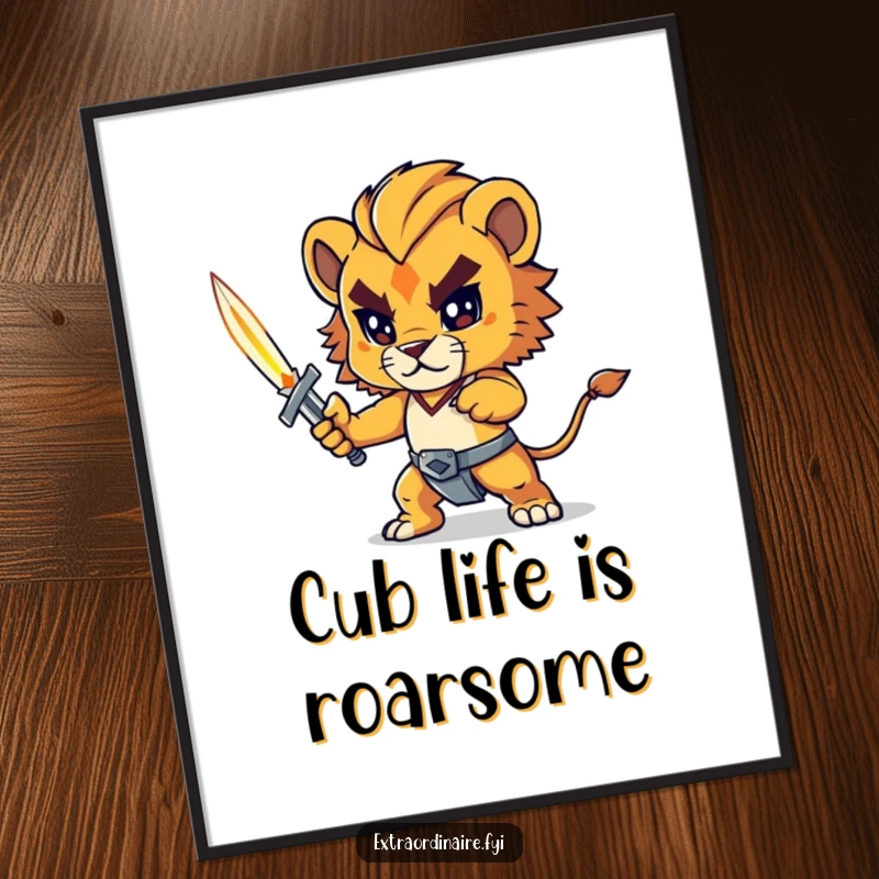 Funny Free Printable Wall Art depicting a determined lion cub wielding a tiny glowing sword, ready for any quest.