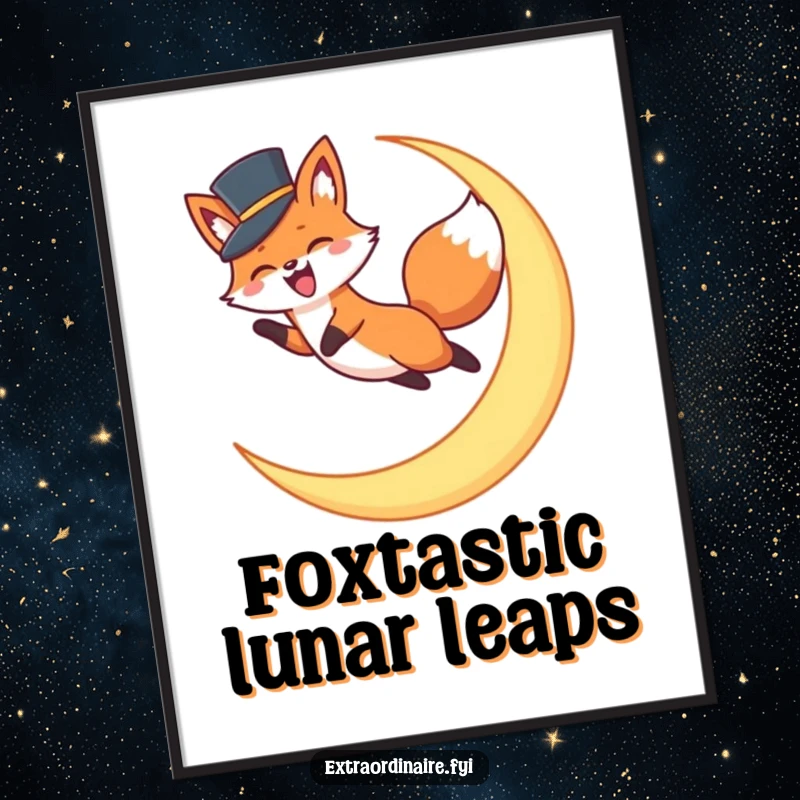 Funny Free Printable Wall Art: A stylish fox wearing a top hat jumping over a luminous crescent moon at night.