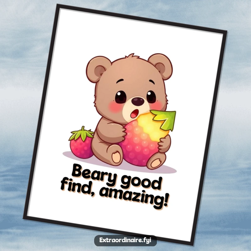 Funny Free Printable Wall Art: A cute bear cub with wide eyes discovering a huge, glowing, magical berry.