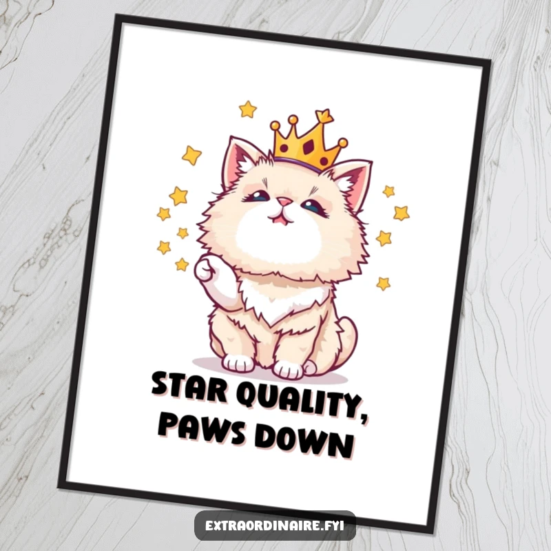 Funny Free Printable Wall Art: A fluffy cat wearing a tiny golden crown, impressively juggling several bright stars.