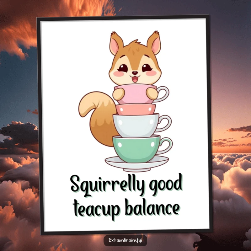 Funny Free Printable Wall Art: A cheerful squirrel balancing a tall, precarious stack of teacups, whimsical digital illustration.