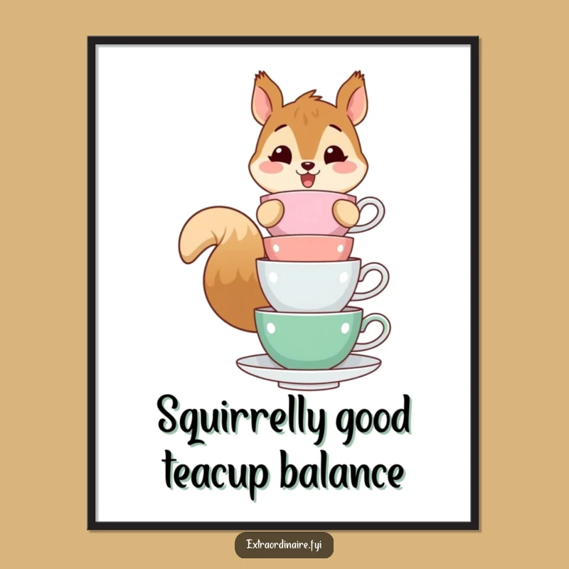 Funny Free Printable Wall Art: Squirrel Teacup Tower, Quirky Digital Art