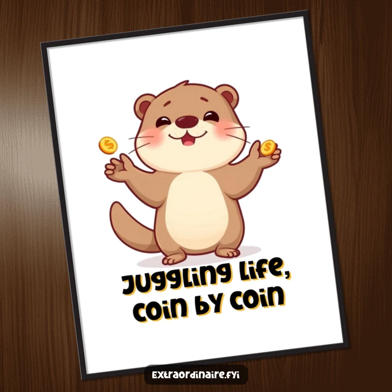 Funny Free Printable Wall Art: A happy otter character masterfully juggling a stack of shiny gold coins.