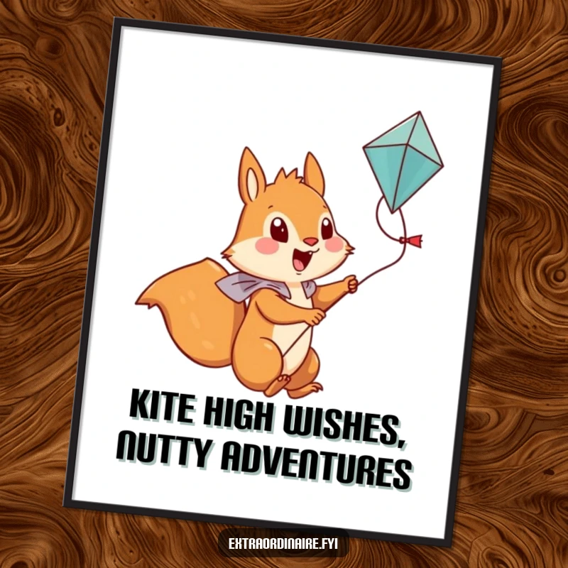 Funny Free Printable Wall Art: A brave squirrel confidently rides a kite, soaring high above the landscape with a determined grin.