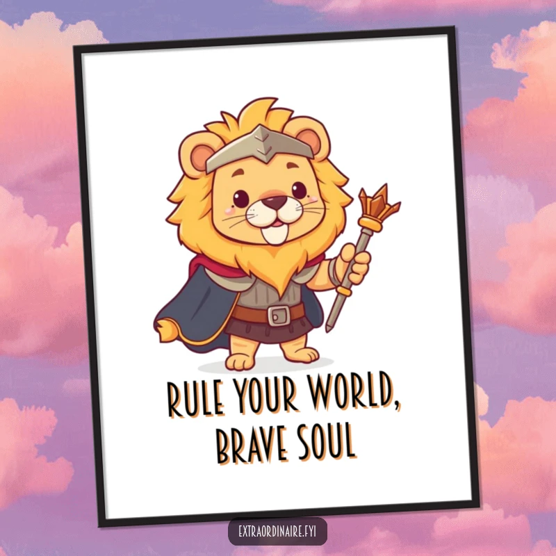 Funny Free Printable Wall Art: A brave lion wearing a cape and holding a royal scepter.