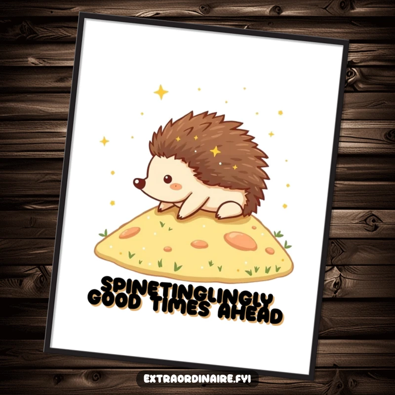 Funny Free Printable Wall Art: A happy hedgehog rolls playfully down a starlit hill, sparkling with cosmic dust.