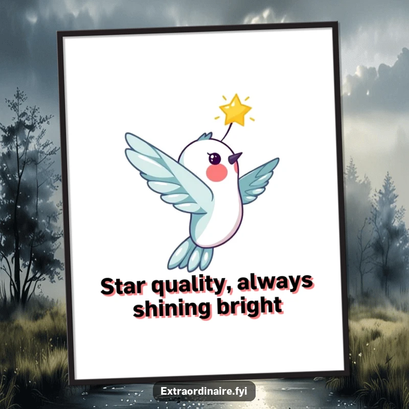 Funny Free Printable cheerful hummingbird soaring alongside a bright shining star on wall art.