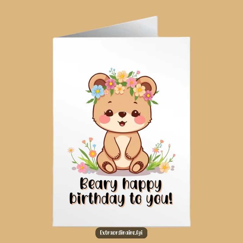 Free Printable Bear Cub Birthday Card: Funny Wildflower Crown Downloadable