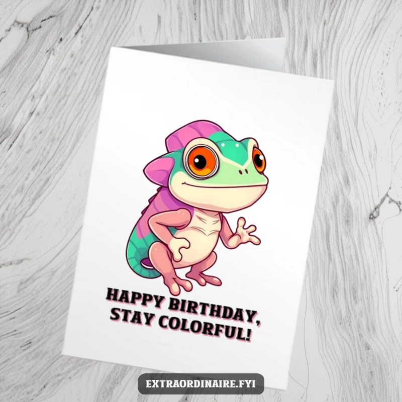 Funny Free Printable confident chameleon proudly displaying vibrant shifting colors on a birthday card.