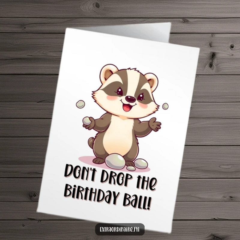 Funny Free Printable Birthday Card: A delighted badger character skillfully juggling several shiny pebbles, looking gleeful.